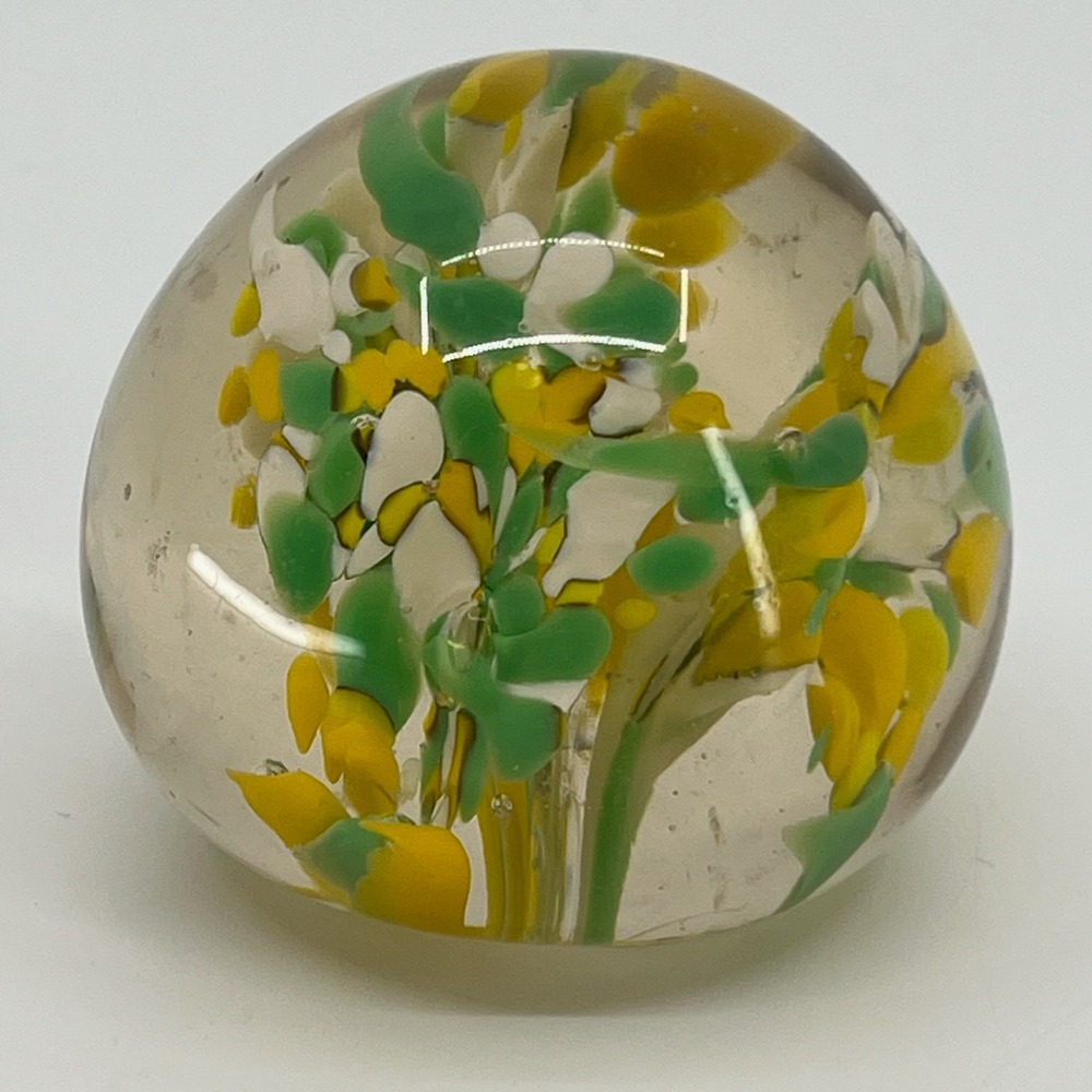 Vtg Art Glass Paperweight Floral Confetti Yellow Green White Studio Glass Sphere